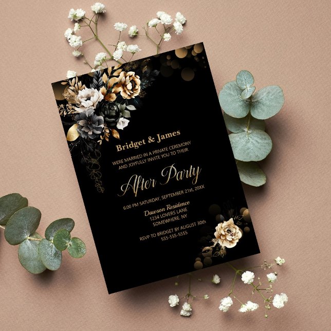 Convite Casamento Dourado Floral Negro Moody Após Festa (Criador carregado)