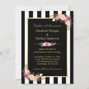 Convite Casamento Dourado Floral Preto Elegante