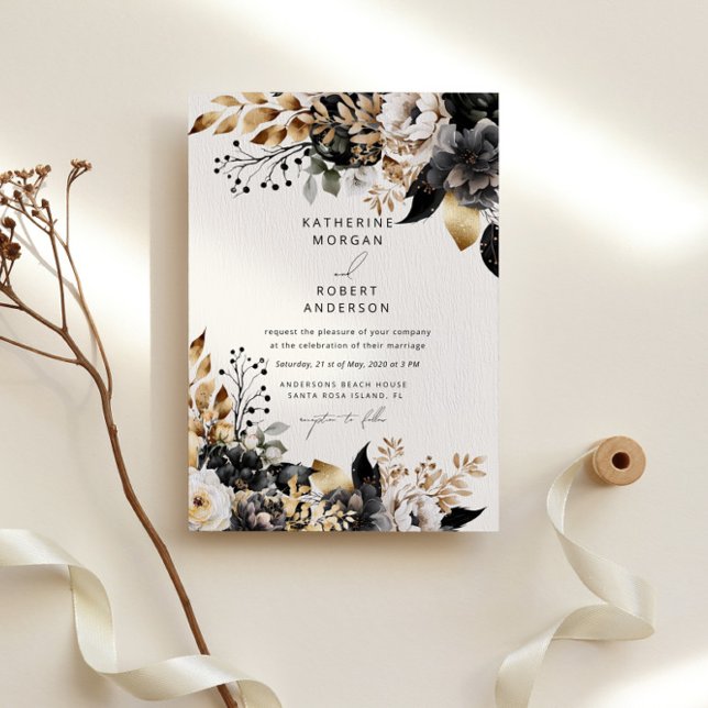 Convite Casamento Dourado Floral Preto-Vidro (Criador carregado)