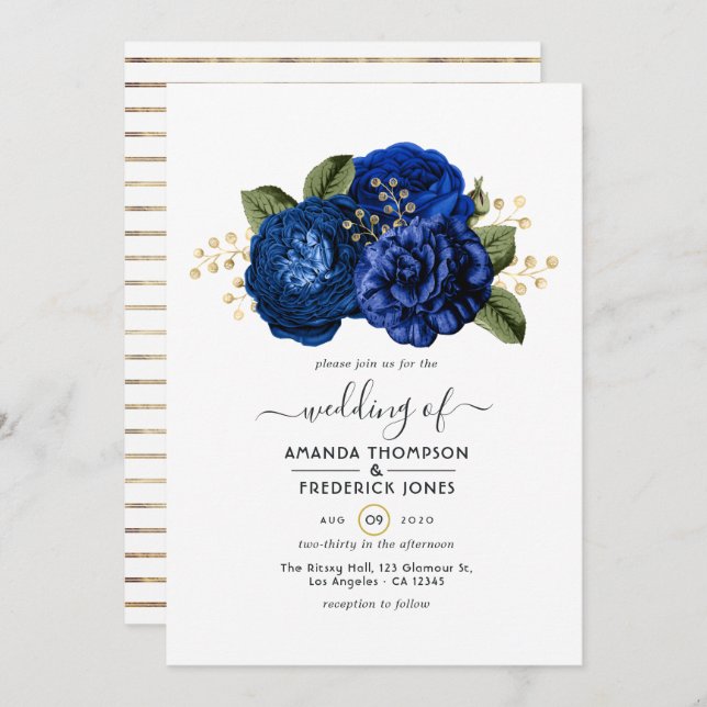 Convite Casamento Dourado Floral Real Azul e Faux Foil (Frente/Verso)