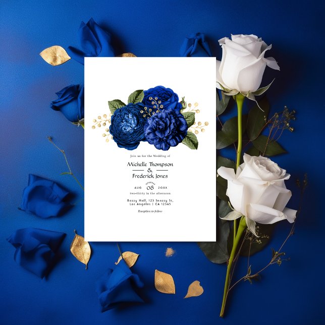 Convite Casamento Dourado Floral Real Azul e Faux Foil (Criador carregado)