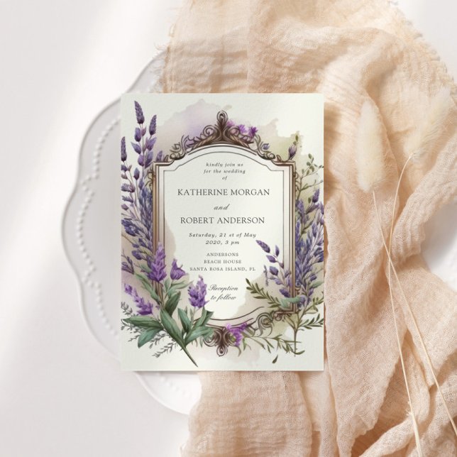 Convite Casamento Dourado Floral Regal Lavanda de Aquarela (Criador carregado)