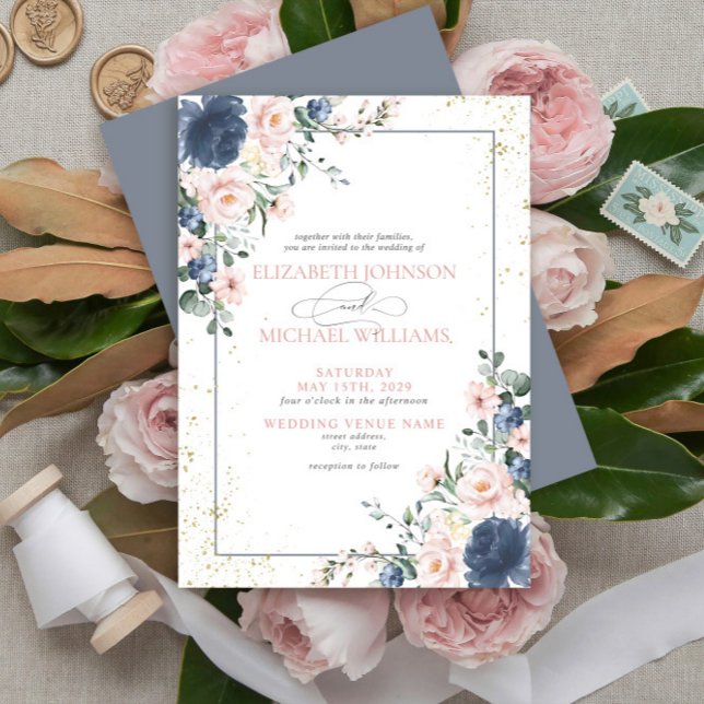 Convite Casamento Dourado Floral Rosa-Rosa Azul-Dusta Clar (Criador carregado)