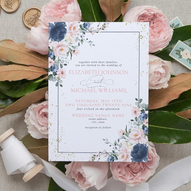 Convite Casamento Dourado Floral Rosa-Rosa Azul-Dusta Clar (Criador carregado)