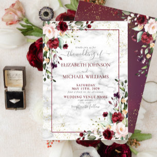Convite Casamento Dourado Floral Rosa-Rosa Burgundy