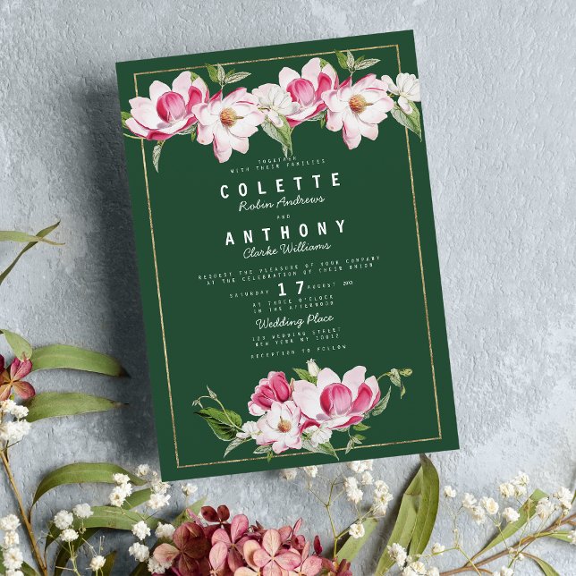 Convite Casamento Dourado Floral Rosa Verde Florestal Mode (Modern Forest Green Pink Gold Floral Wedding)