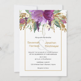 Convite Casamento Dourado Floral Roxo Ametist