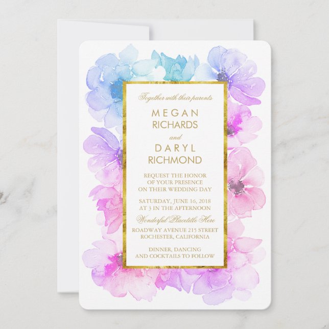 Convite Casamento Dourado Floral Roxo e Azul (Frente)