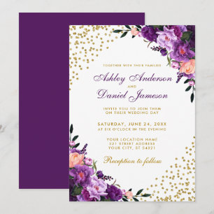 Convite Casamento Dourado Floral Roxo-Violeta