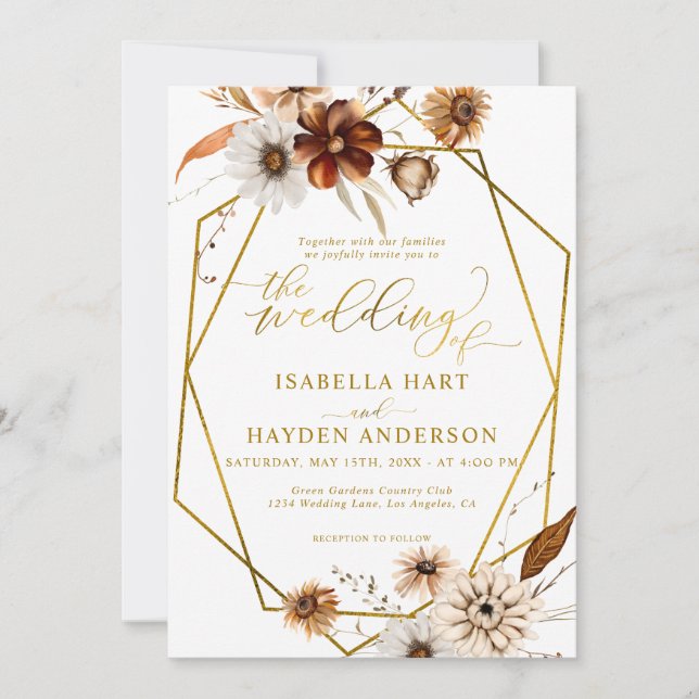 Convite Casamento Dourado Floral Rustic Boho Terracotta (Frente)