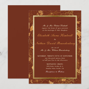 Convite Casamento Dourado Floral Terrestre Terracotta