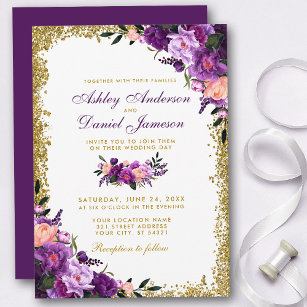 Convite Casamento Dourado Floral Ultra Violeta Roxo