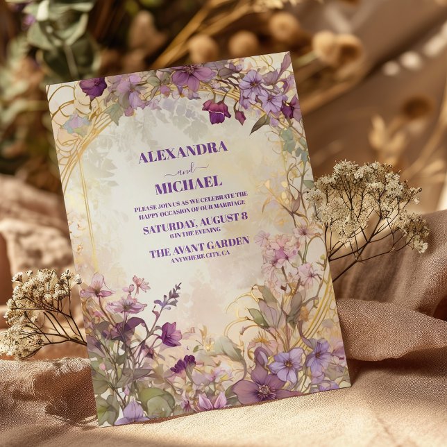 Convite Casamento Dourado Floral Ultra Violeta Roxo (Criador carregado)