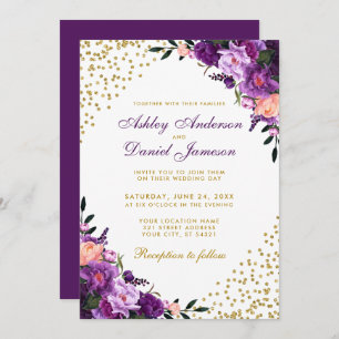 Convite Casamento Dourado Floral Ultra Violeta Roxo