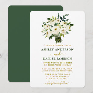 Convite Casamento Dourado Floral Verde Moderno