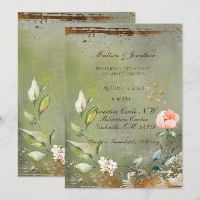 Convite Casamento Dourado Floral Verde Russo (Frente/Verso)