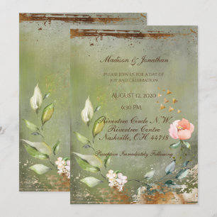 Convite Casamento Dourado Floral Verde Russo