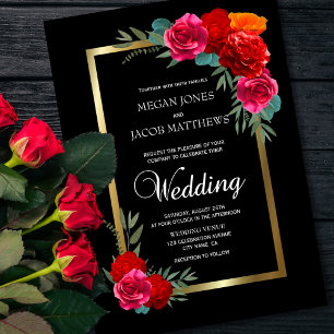 Convite Casamento Dourado Floral Vermelho Elegante