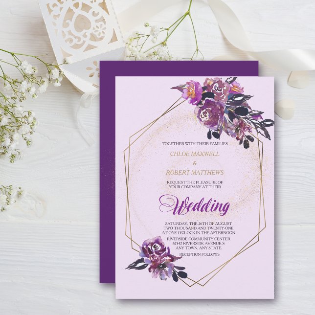 Convite Casamento Dourado Floral Violeta Roxo (Criador carregado)