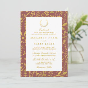 Convite Casamento Dourado Floral Wreath Elegante