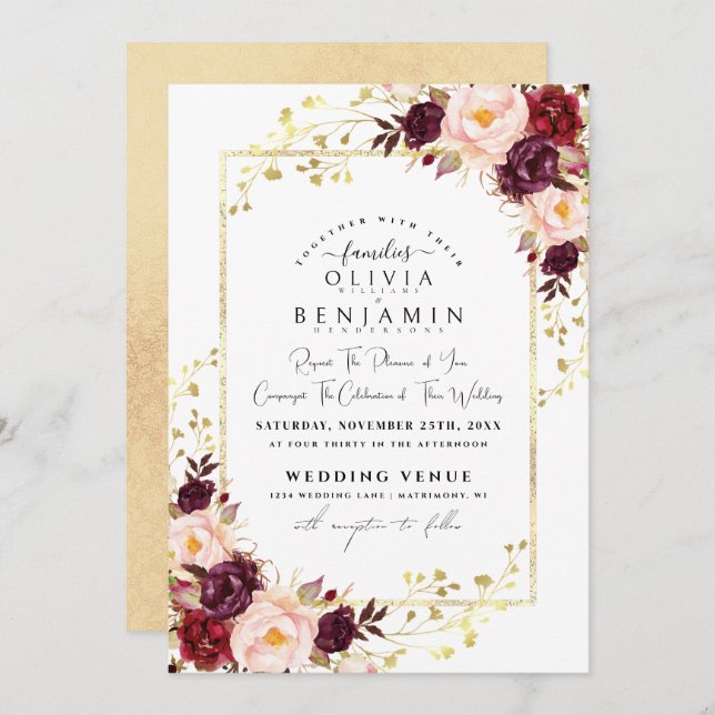 Convite Casamento Dourado Florales Chic Foil Glitter (Frente/Verso)