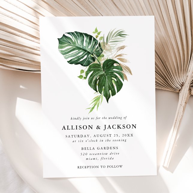 Convite Casamento Dourado Folhas Tropicais Modernas (Criador carregado)