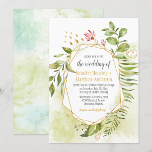 Convite Casamento Dourado Geométrico Botânico Cor-de-Rosa 