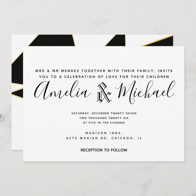 Convite Casamento Dourado Geométrico Branco Moderno (Frente/Verso)