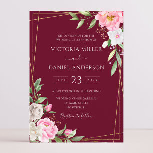 Convite Casamento Dourado Geométrico Burgundy Watercolor