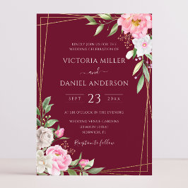 Convite Casamento Dourado Geométrico Burgundy Watercolor F