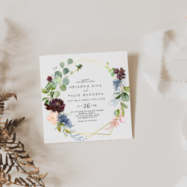 Convite Casamento Dourado Geométrico Casual Burgundy