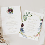 Convite Casamento Dourado Geométrico de Volta e Frente<br><div class="desc">Este convite de casamento para a frente e a parte geométrica do ouro é perfeito para um casamento rústico. O elegante design apresenta marinho de aquarela, cor-de-rosa-pincelada e flores de sombra de vinho com detalhes artísticos lápis. Salve o papel, incluindo mais detalhes na parte traseira do convite em vez de...</div>