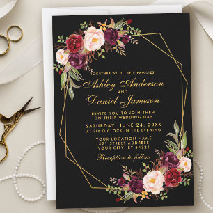 Convite Casamento Dourado Geométrico Floral Burgundy