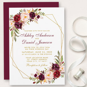 Convite Casamento Dourado geométrico floral do quadro de