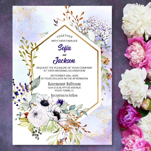 Convite Casamento Dourado Geométrico Floral Roxo (Criador carregado)