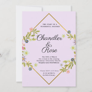 Convite Casamento Dourado Geométrico Mínimo Roxo Floral