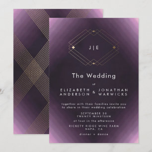 Convite Casamento Dourado Geométrico Roxo Simples
