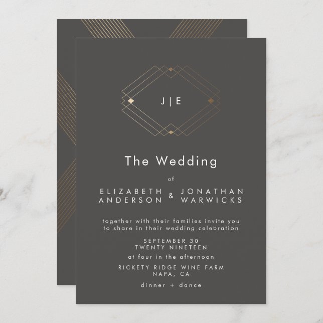 Convite Casamento Dourado Geométrico Simples (Frente/Verso)