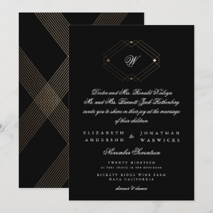 Convite Casamento Dourado Geométrico Simples Preto Modern