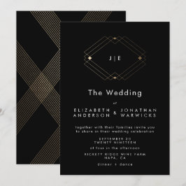Convite Casamento Dourado Geométrico Simples Preto Moderno