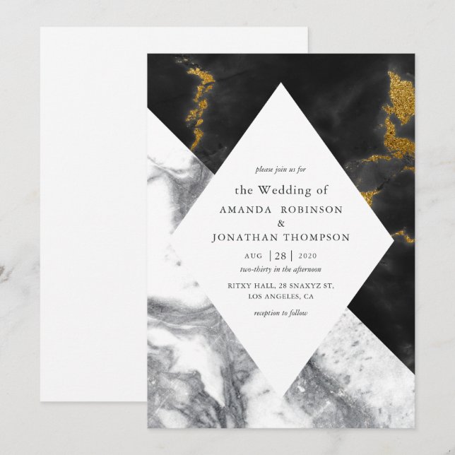 Convite Casamento Dourado Glam Faux Glitter Marble (Frente/Verso)
