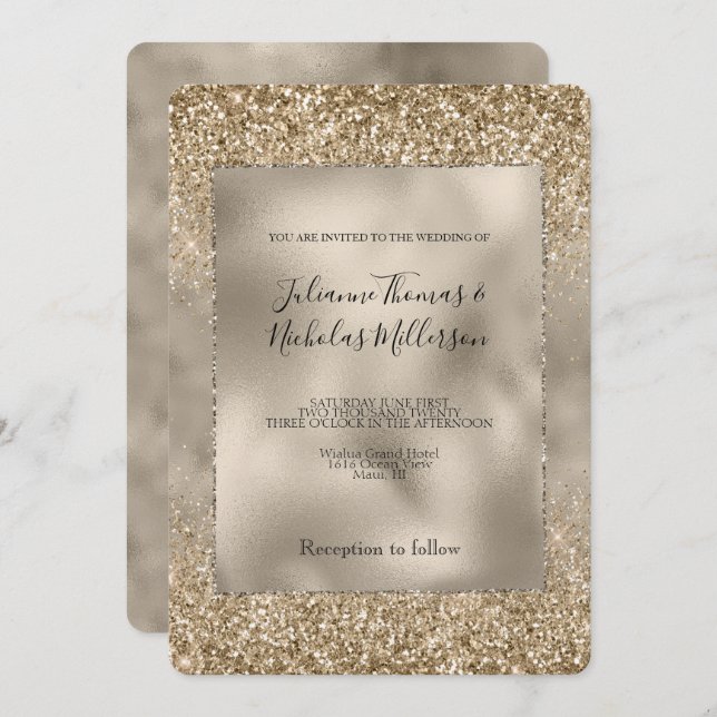 Convite Casamento Dourado Glam Glitzy Glitter (Frente/Verso)