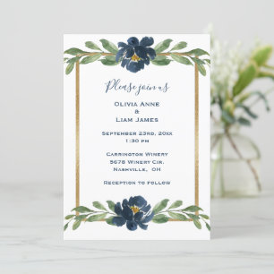 Convite Casamento Dourado Indígo Azul Floral Elegante