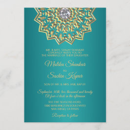 Convite Casamento Dourado Índio de Mandala Azul Azul
