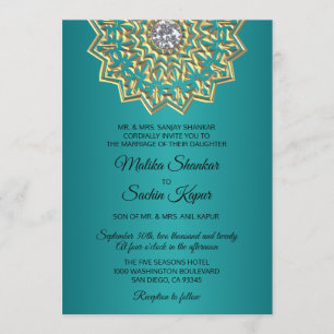Convite Casamento Dourado Índio Teal Blue Mandala