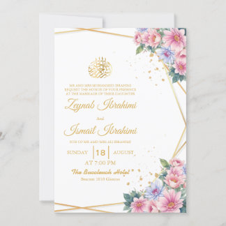 Convite Casamento Dourado islâmico, cor-de-rosa e azul