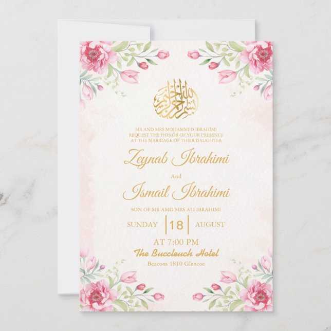 Convite Casamento Dourado Islâmico Muçulmano Floral, Rosa, (Frente)