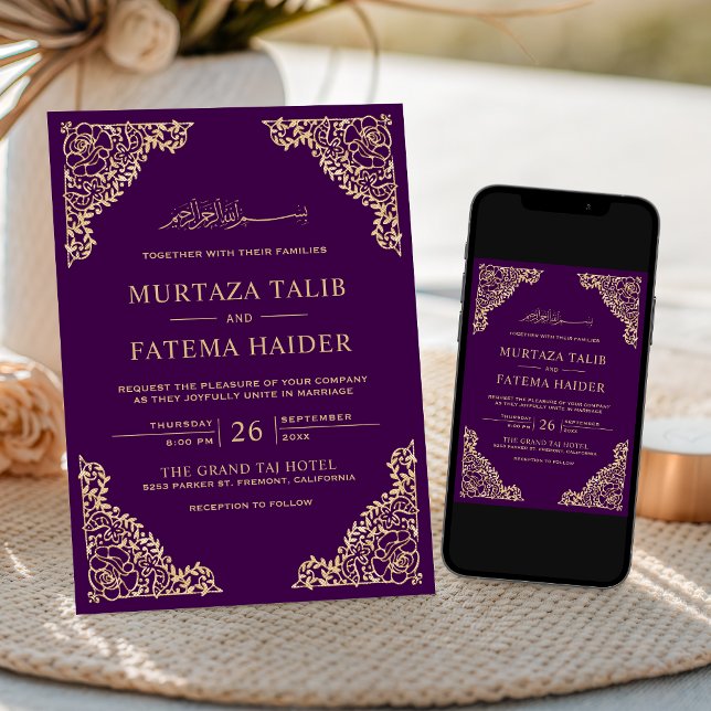 Convite Casamento Dourado islâmico Roxo-Molusco (Criador carregado)
