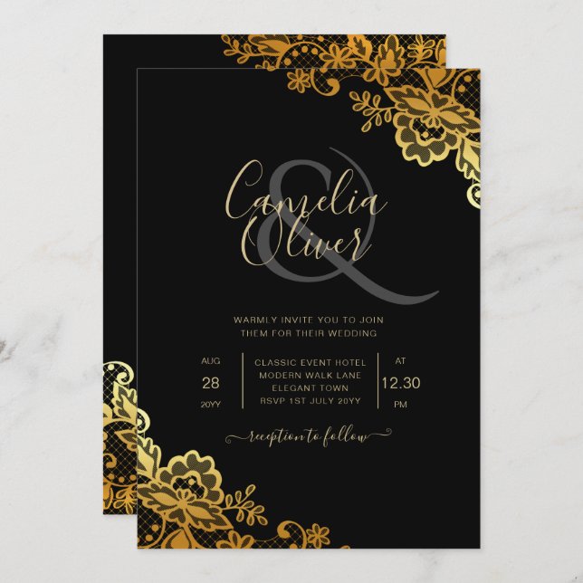 Convite Casamento Dourado Lace Moderno Elegante Negro (Frente/Verso)
