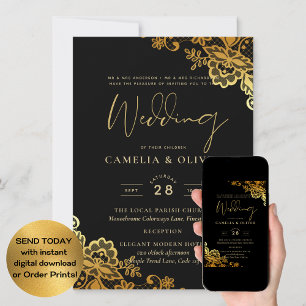 Convite Casamento Dourado Lace Moderno Elegante Negro